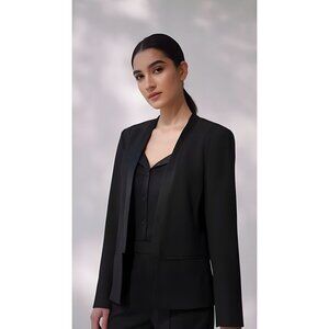 Mango Black Blazer Womens XL Jacket Open Front Elegant Workwear Satin Lapel trim